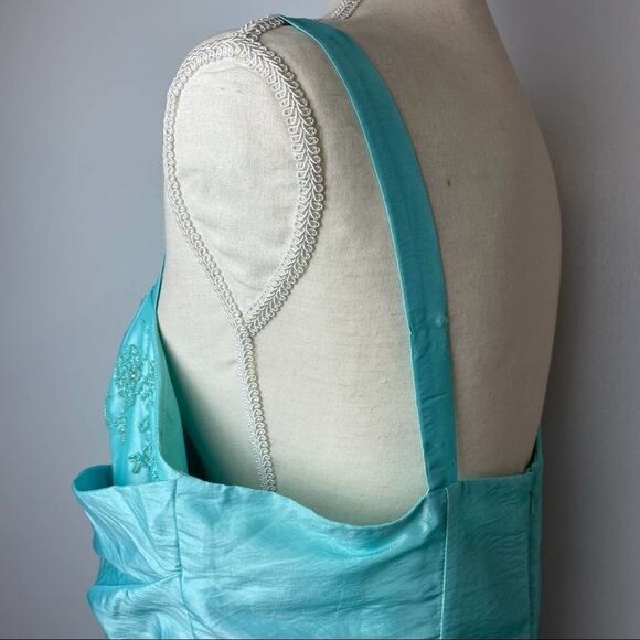 ONYX Nite Sleeveless Solid Blue Wrap Long Prom Dress with beading size 14W - Picture 9 of 15